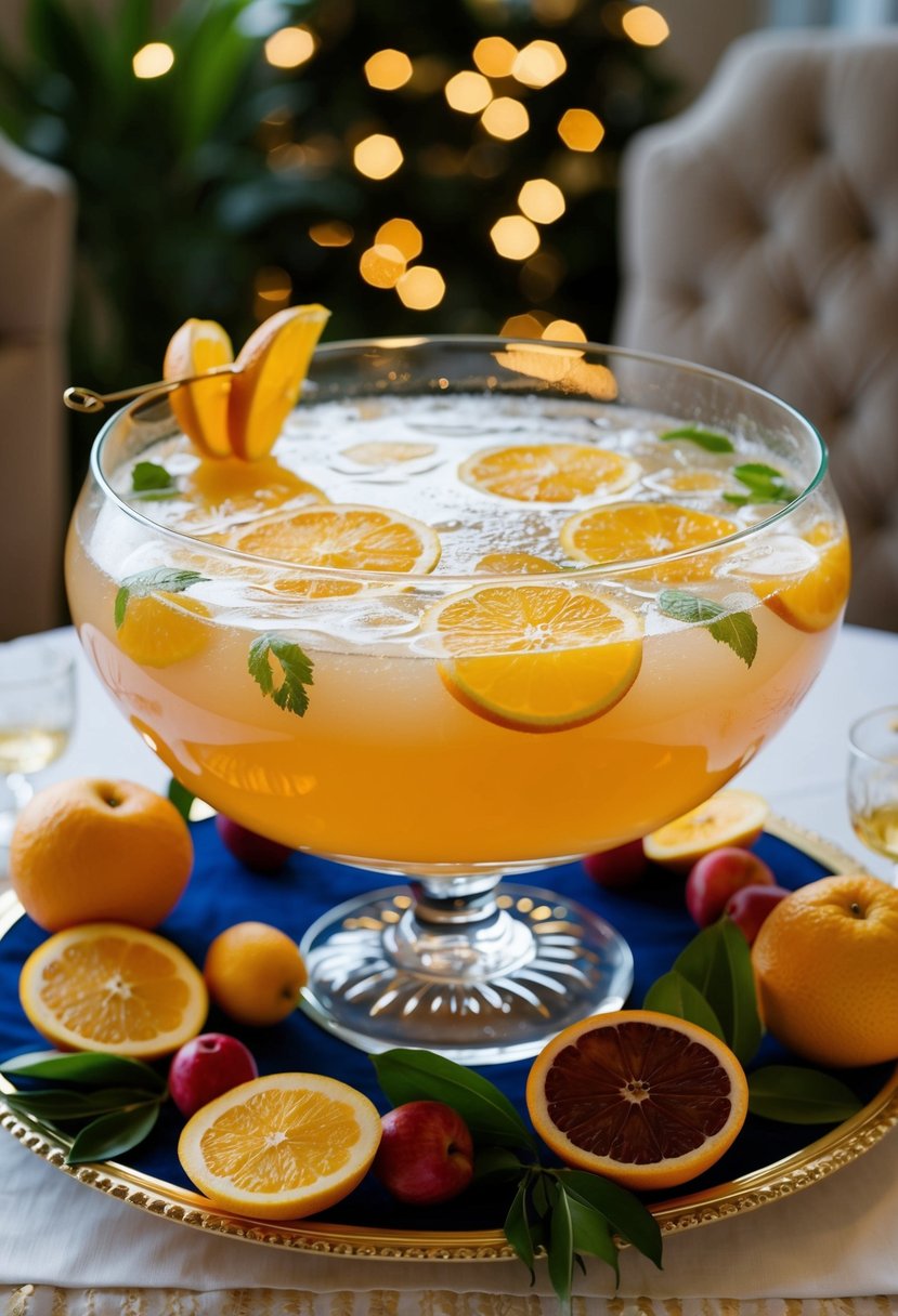 A large glass punch bowl filled with sparkling citrus ginger punch, surrounded by fresh fruits and garnishes on a decorated table