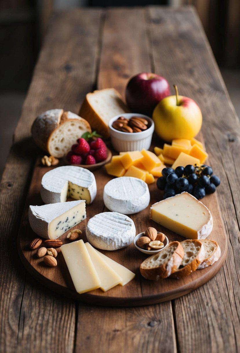 A rustic wooden table adorned with an array of locally-sourced cheeses, accompanied by fresh fruit, nuts, and artisanal bread