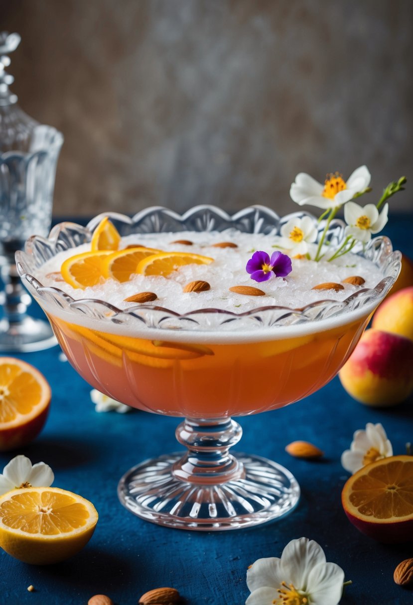 A crystal punch bowl filled with a frothy almond-infused mocktail, surrounded by fresh fruit and garnished with delicate edible flowers