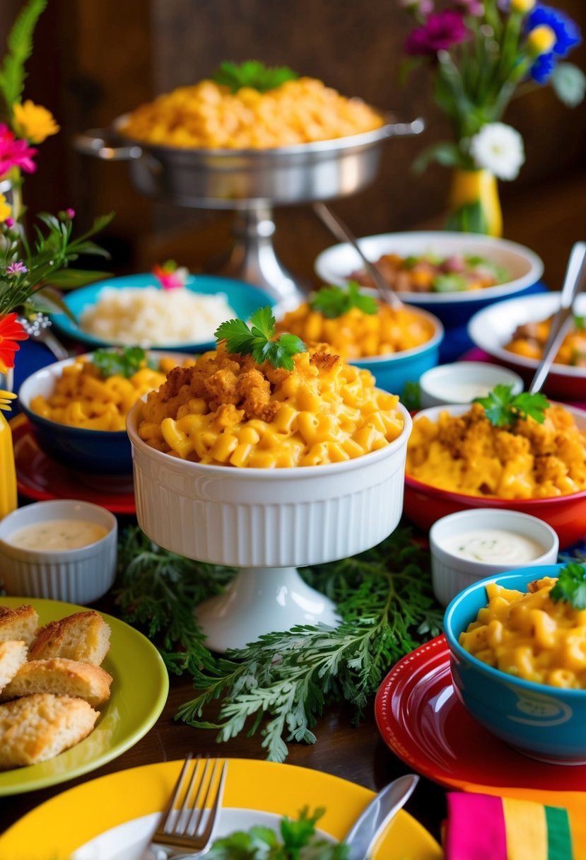 A festive wedding buffet with Cajun Mac and Cheese as the centerpiece, surrounded by colorful dishes and decorations