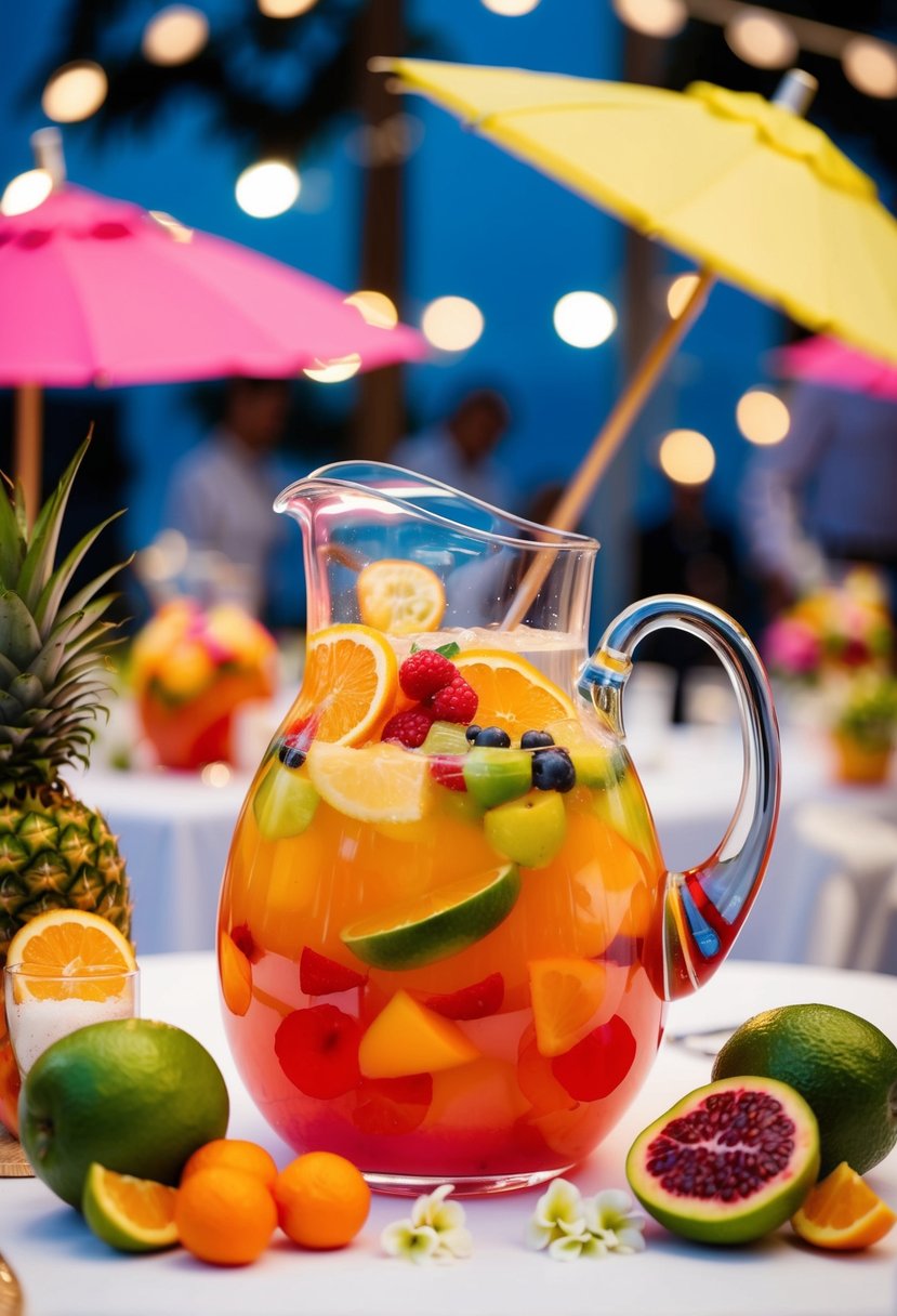 A glass pitcher filled with colorful tropical punch surrounded by fresh fruit and decorative umbrellas on a table at a wedding reception