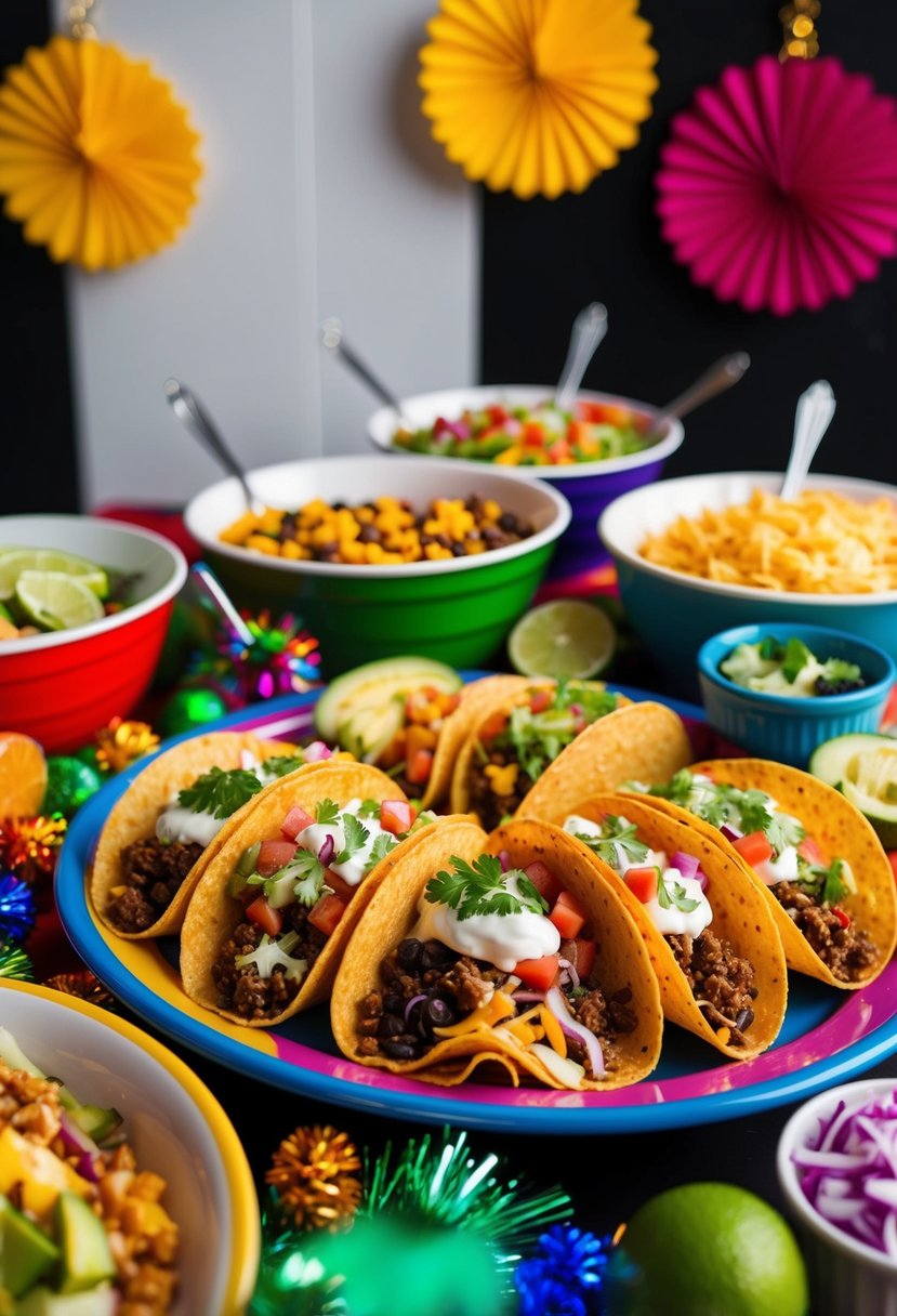 A colorful taco bar with an array of toppings and fillings, surrounded by festive decorations and serving utensils