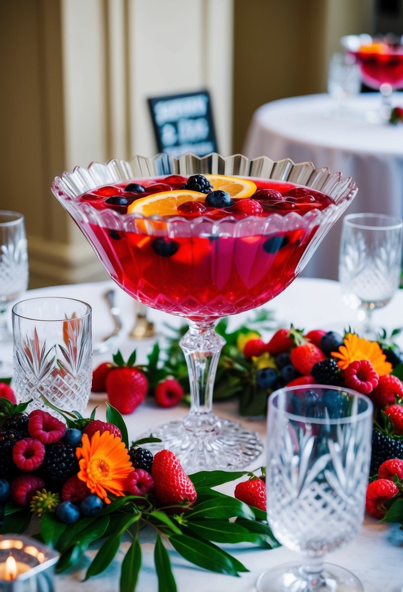 A table adorned with a crystal punch bowl filled with vibrant red Berry Bliss Delight wedding punch, surrounded by fresh berries and decorative glassware