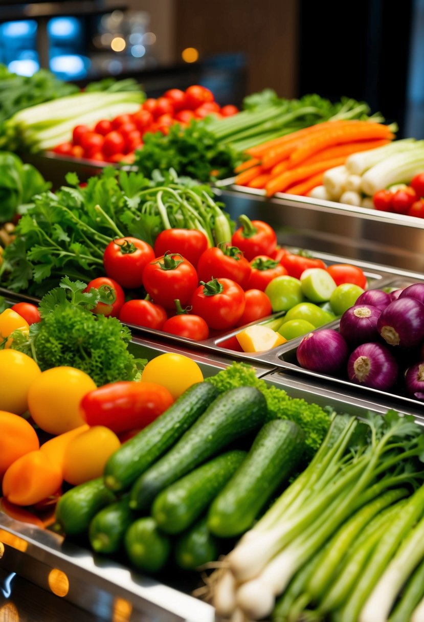 A colorful array of fresh vegetables arranged in a decorative buffet display