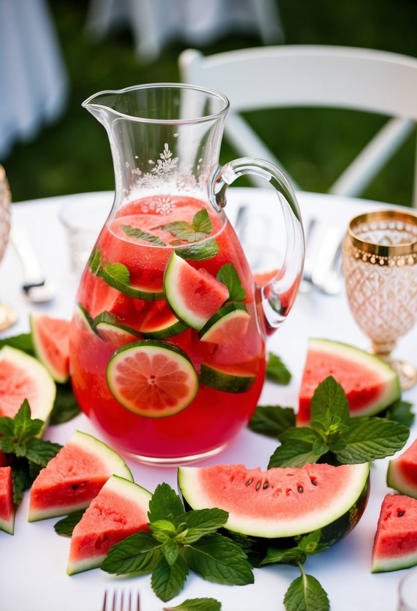 A glass pitcher filled with watermelon mint cooler punch, surrounded by fresh watermelon slices and mint leaves on a decorated wedding table