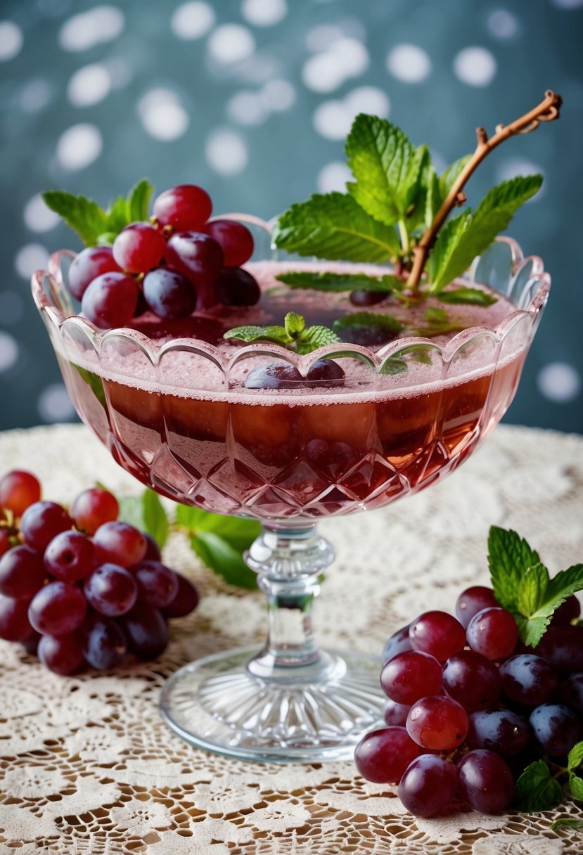 A crystal punch bowl filled with sparkling grape punch, surrounded by clusters of fresh grapes and sprigs of mint on a lace-covered table