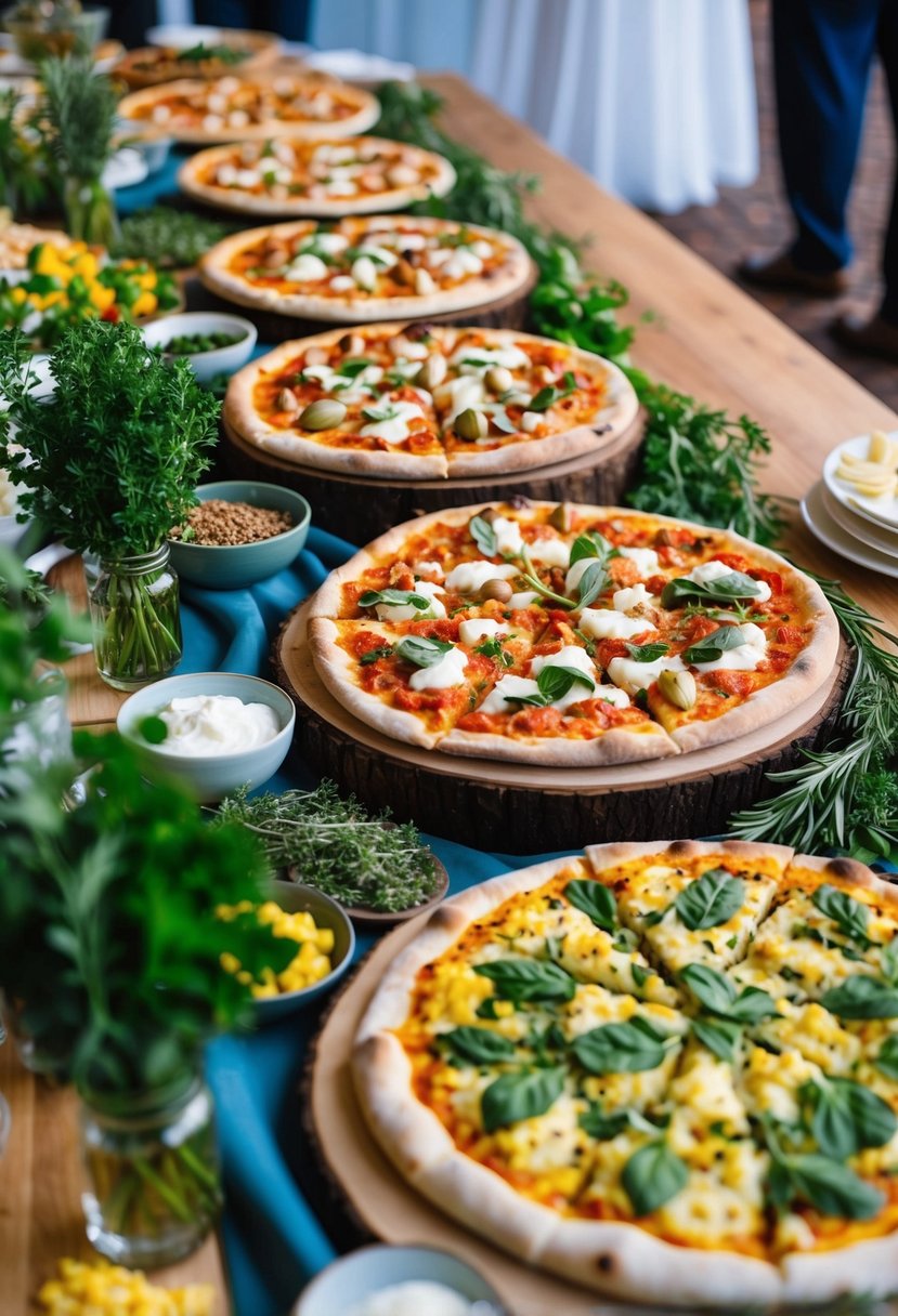 A colorful array of organic pizzas on display at a wedding buffet, surrounded by fresh herbs and ingredients