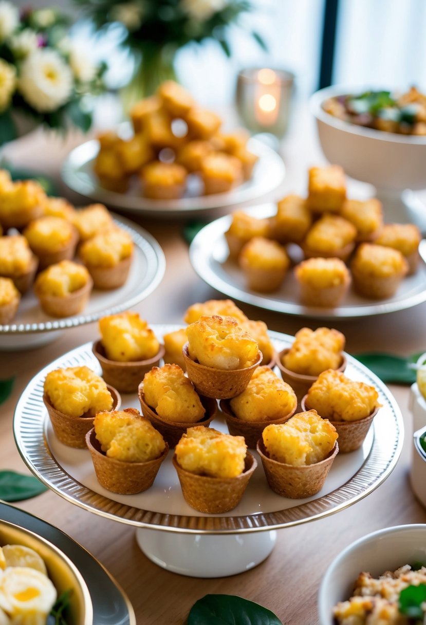 A platter of loaded tater tot cups arranged in an elegant buffet setting, surrounded by other delectable wedding dishes