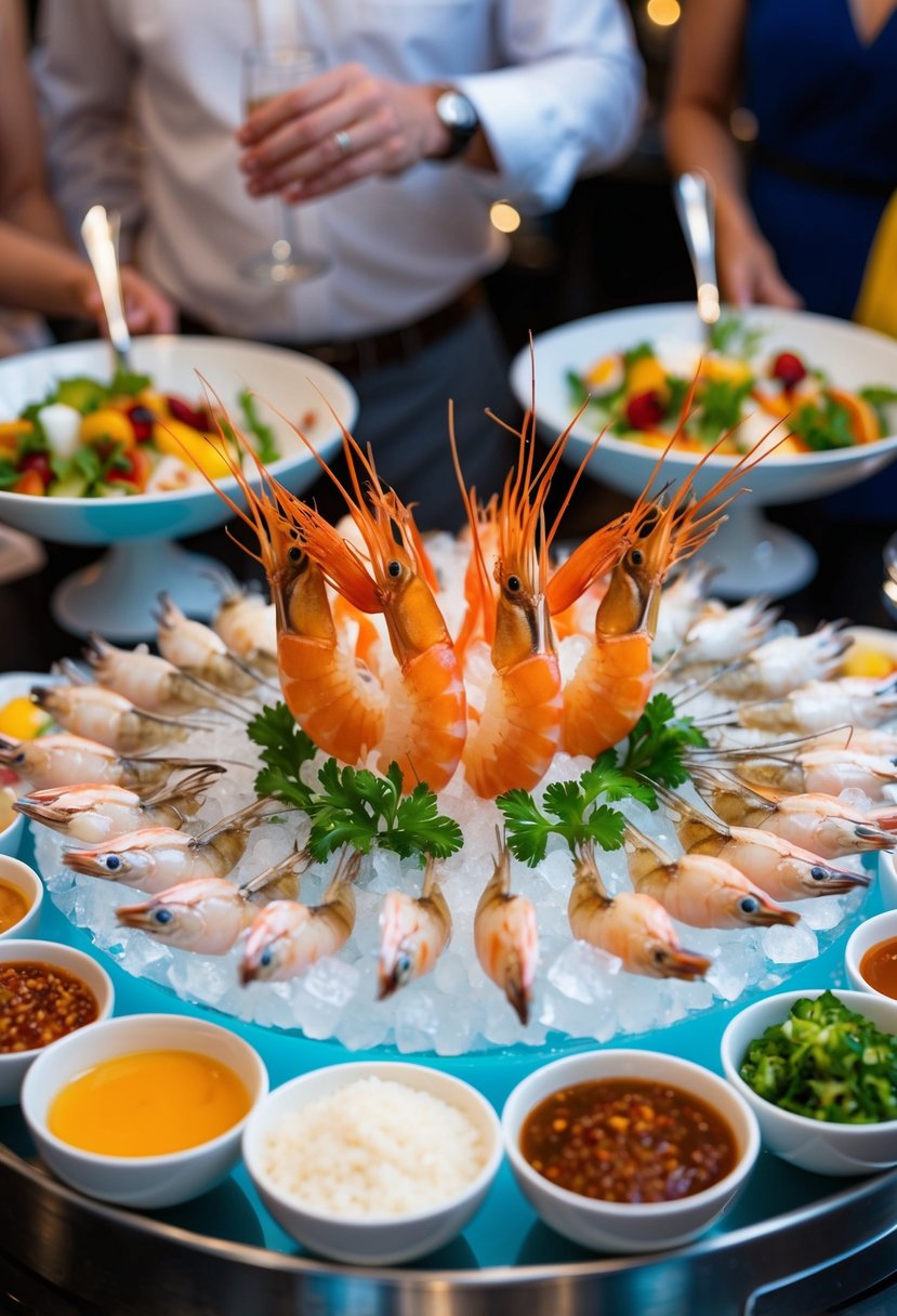 A prawn cocktail station with elegant glassware and fresh seafood displayed on ice. Surrounding it are colorful garnishes and sauces for guests to customize their appetizers