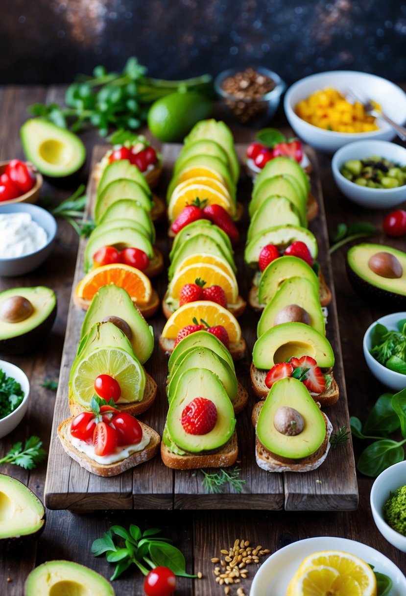 A colorful array of avocado toast varieties displayed on a rustic wooden buffet, surrounded by fresh ingredients and garnishes