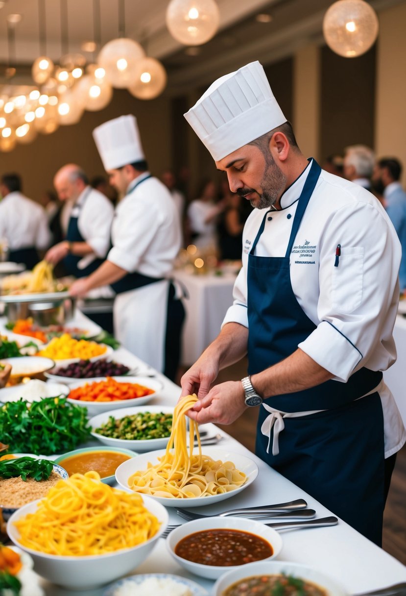 A chef prepares fresh pasta at a wedding buffet station, surrounded by an array of colorful ingredients and sauces for guests to choose from