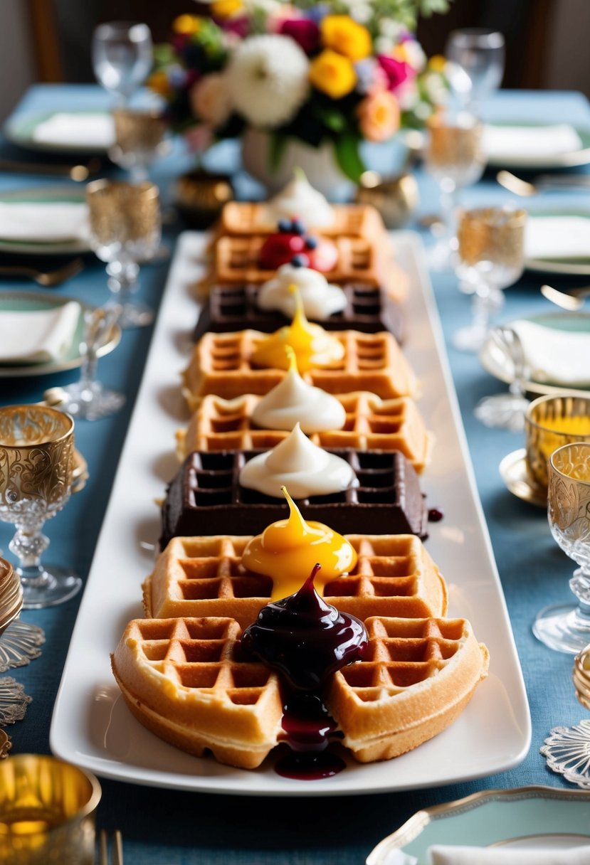 A colorful array of waffle toppings and syrups arranged on a table, surrounded by decorative floral arrangements and elegant place settings