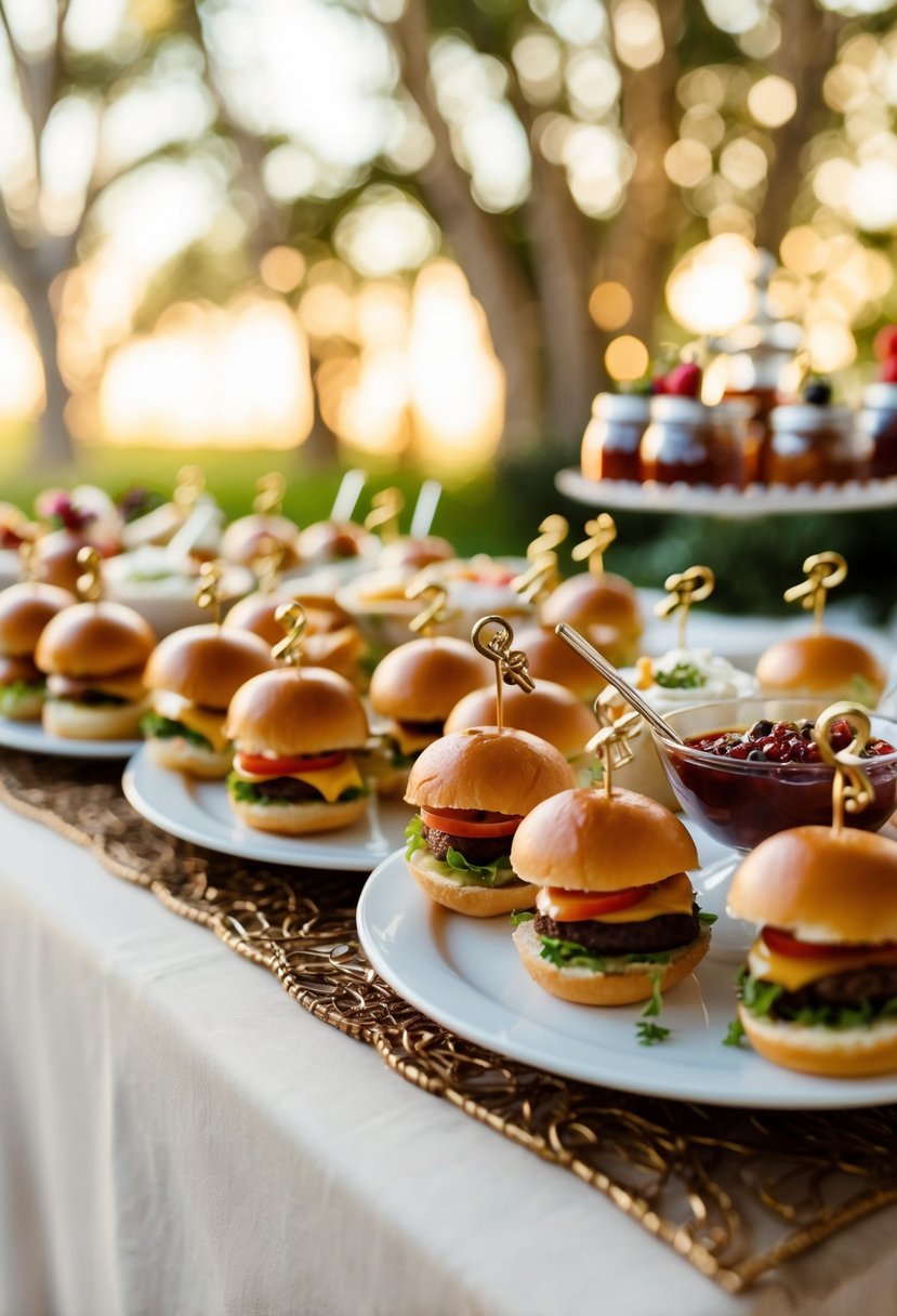 A decorative wedding buffet featuring mini slider stations with various toppings and condiments