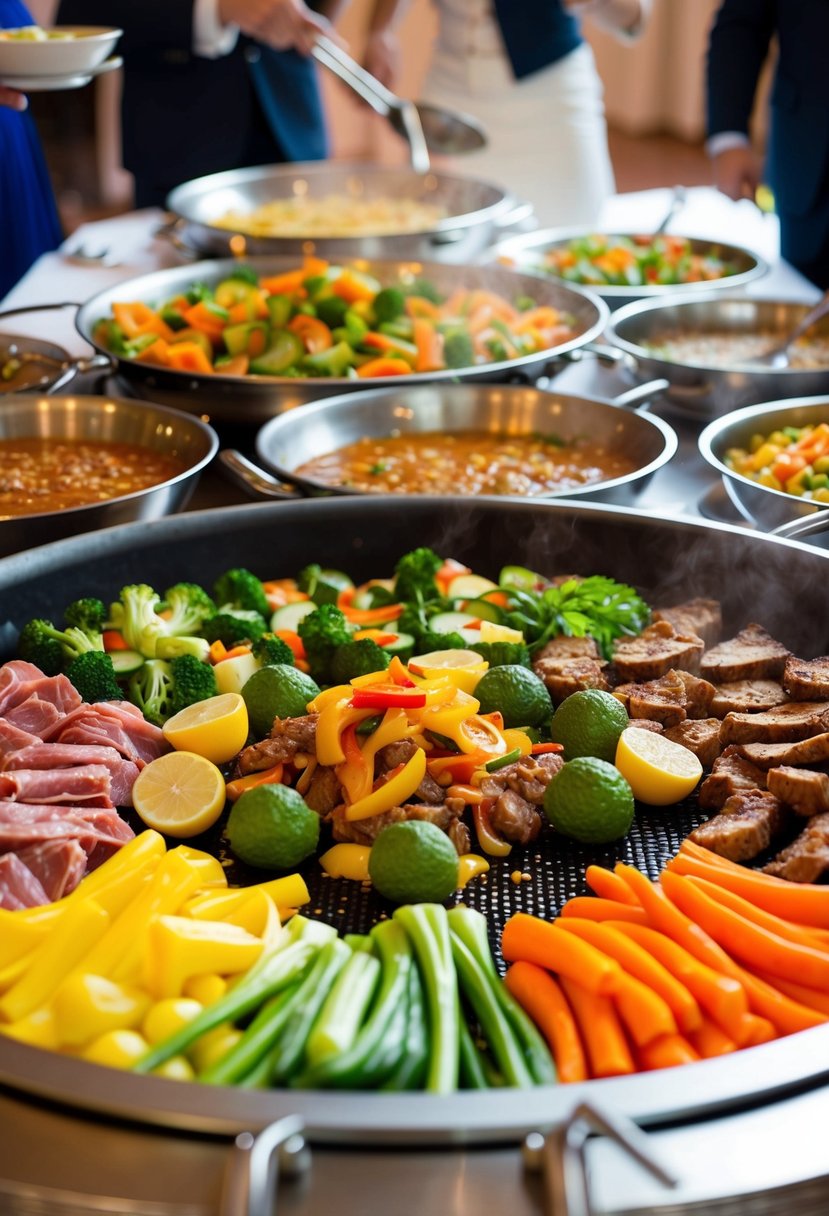 A colorful array of fresh vegetables, meats, and sauces sizzling on a large stir-fry station at a wedding buffet