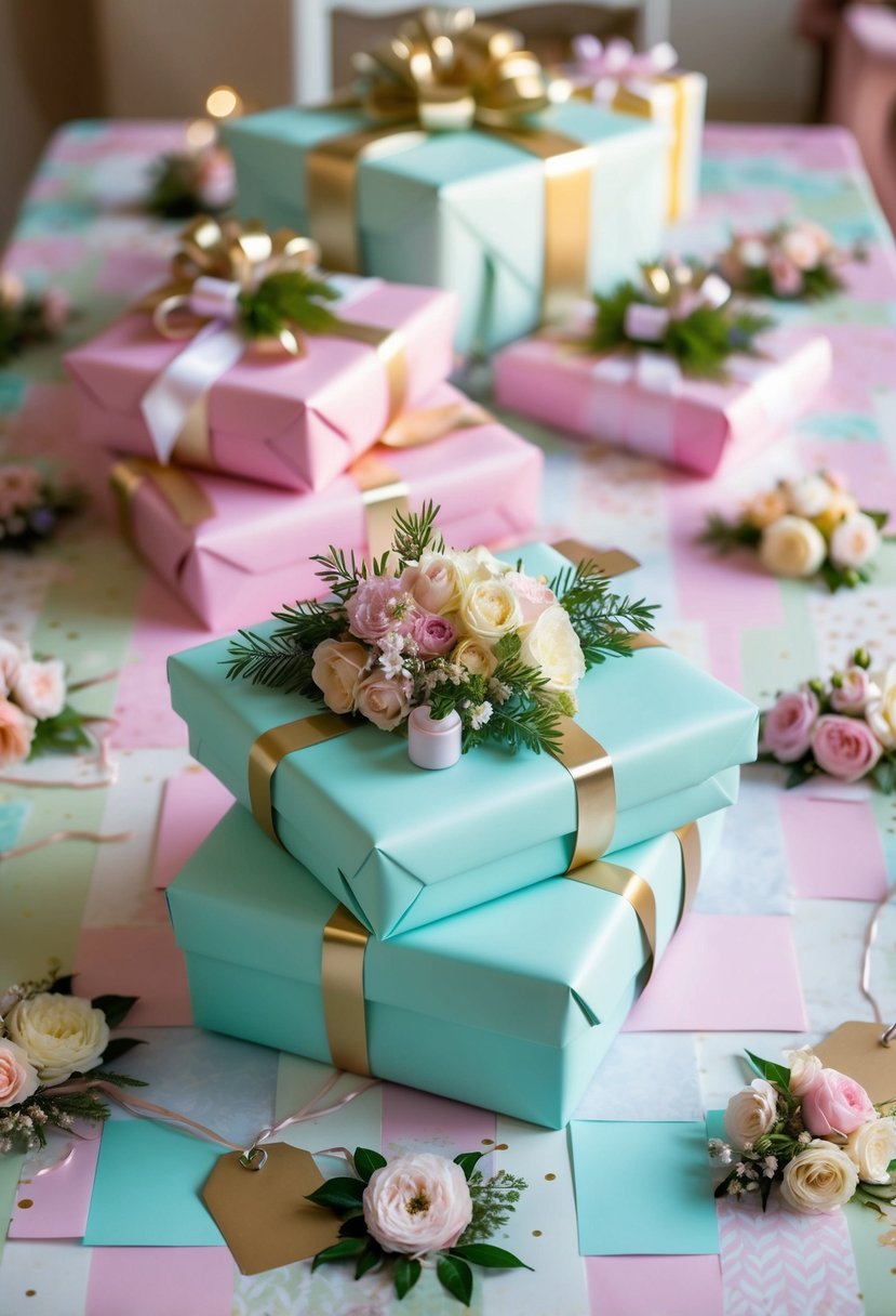 A table covered in pastel wrapping paper, ribbons, and floral decorations. A stack of gifts with elegant bows and tags