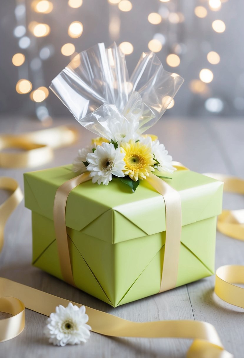 Cellophane-wrapped gift box adorned with ribbons and flowers for wedding shower