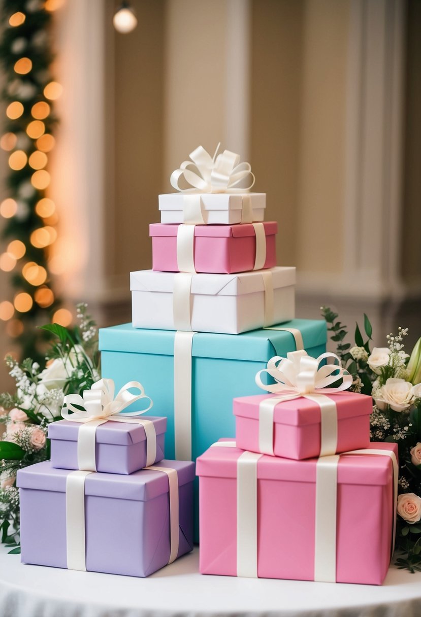 A stack of gifts wrapped in the couple's wedding colors, adorned with ribbons and bows, arranged on a table with floral decorations