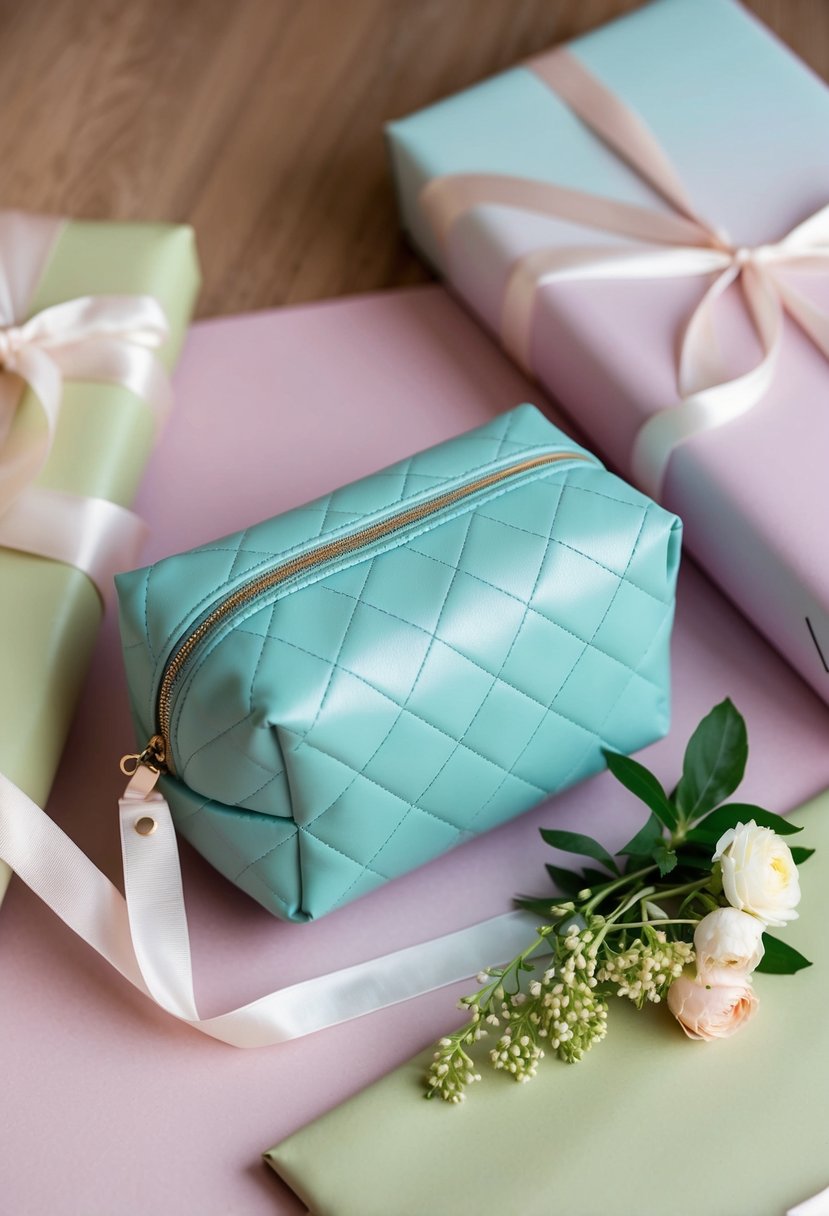 A quilted makeup bag nestled among soft, pastel-colored wrapping paper, adorned with delicate ribbons and a sprig of fresh flowers