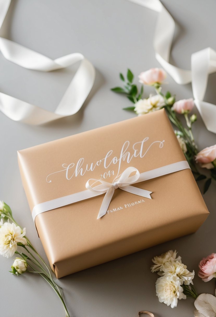 A beautifully wrapped gift with the couple's name in elegant calligraphy, adorned with delicate ribbons and floral accents