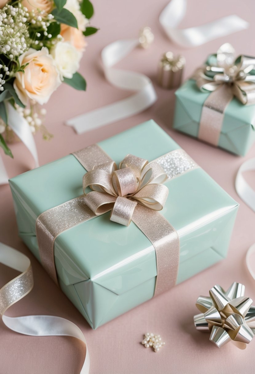 A delicate pastel palette with shimmering metallic accents adorns a beautifully wrapped wedding shower gift. Delicate ribbons and intricate bows add a touch of elegance to the classic presentation