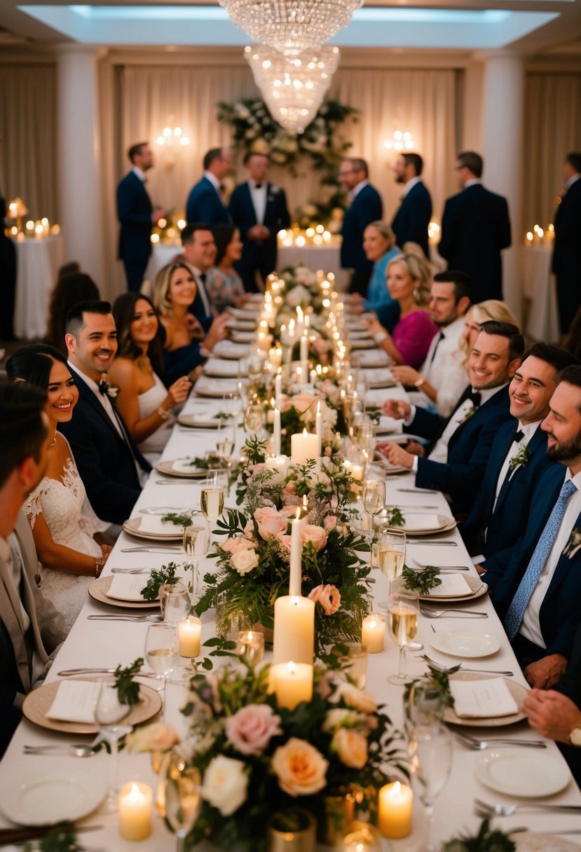 A long table adorned with elegant floral centerpieces and flickering candles, surrounded by guests enjoying a festive and intimate wedding rehearsal dinner