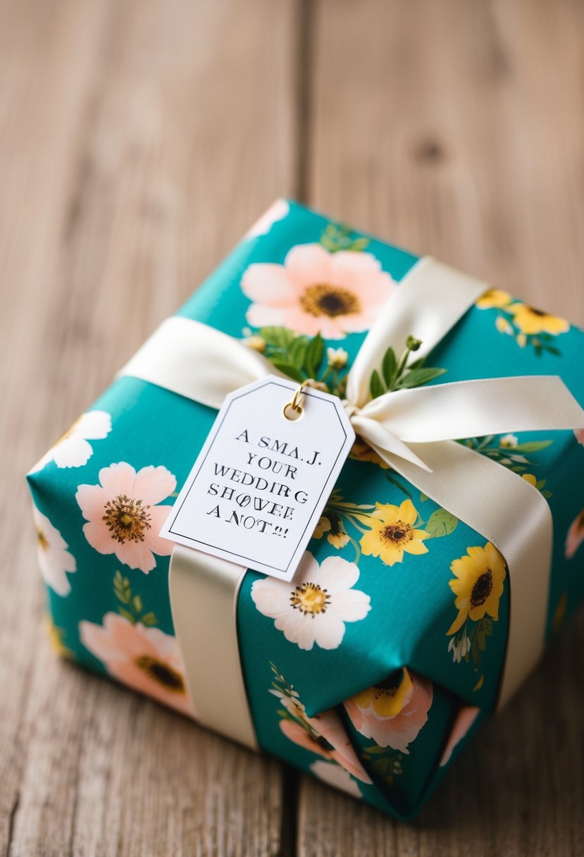 A small tag with a special note is tied to a beautifully wrapped wedding shower gift with floral paper and a satin ribbon