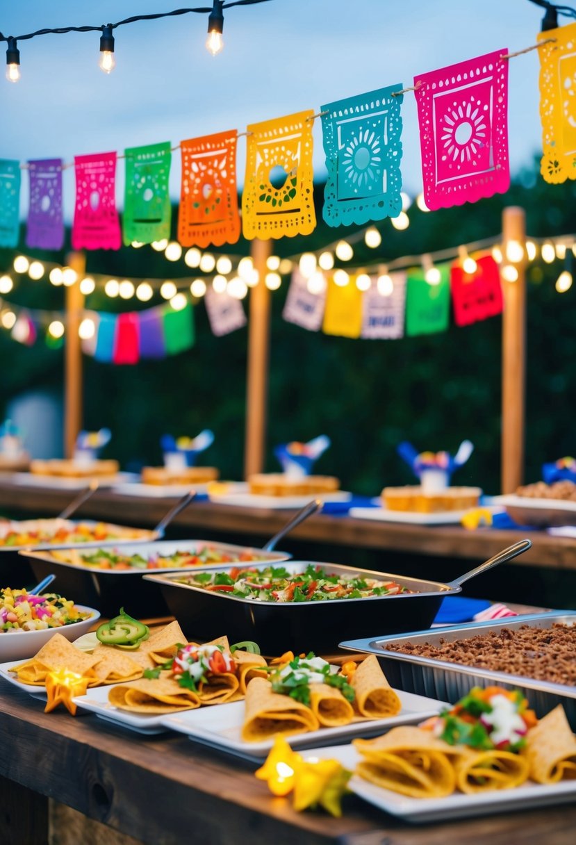 A festive outdoor setting with string lights, colorful papel picado banners, and a variety of burrito bar stations