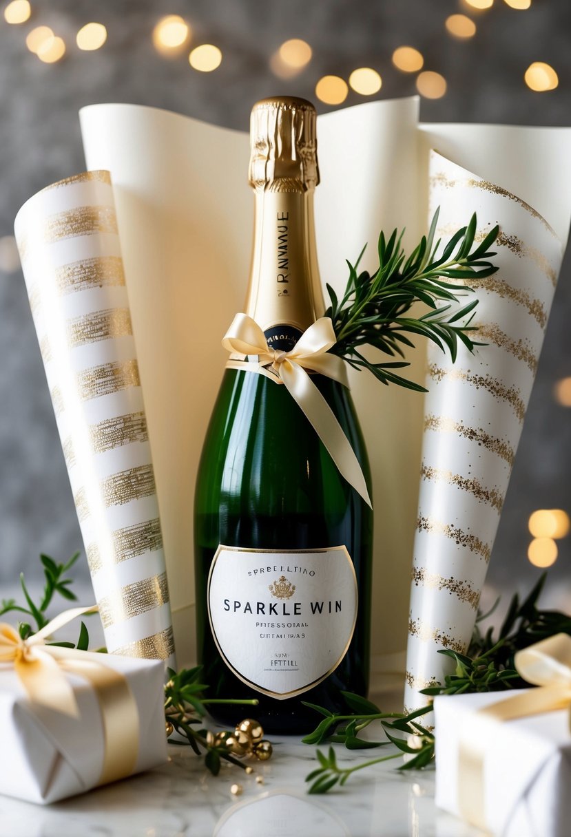 A bottle of sparkling wine surrounded by delicate white and gold wrapping paper, adorned with a satin ribbon and a sprig of fresh greenery