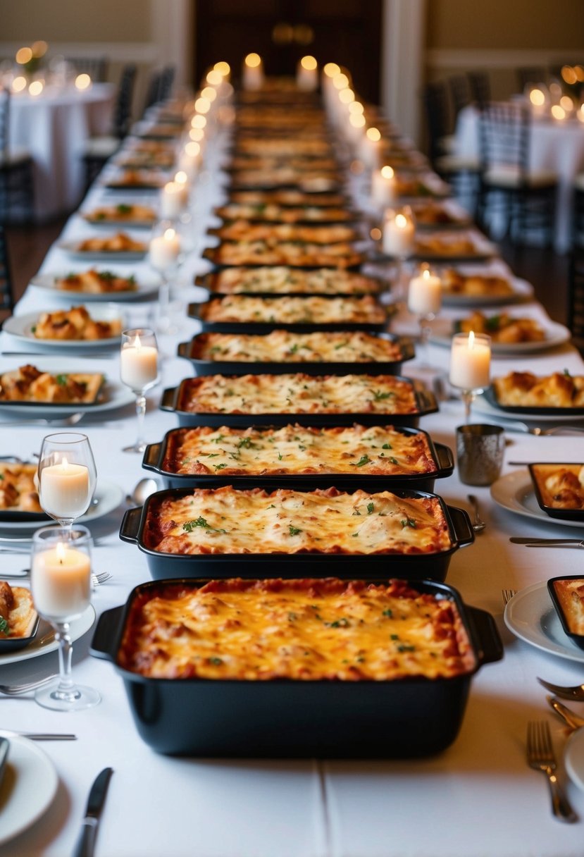 A long banquet table filled with assorted trays of lasagna, surrounded by elegant place settings and soft candlelight