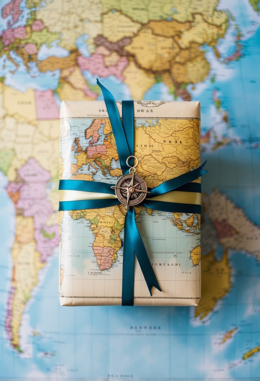 A vintage map is carefully wrapped around a wedding shower gift, adorned with a travel-themed ribbon and a small compass charm