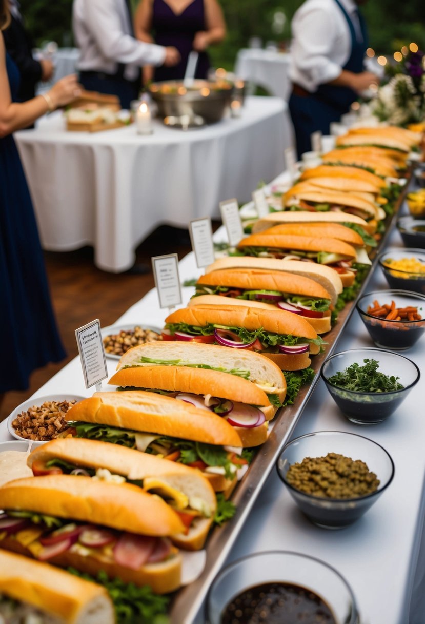 A bustling sub sandwich bar at a wedding rehearsal dinner, with a variety of fresh ingredients and toppings displayed on a counter