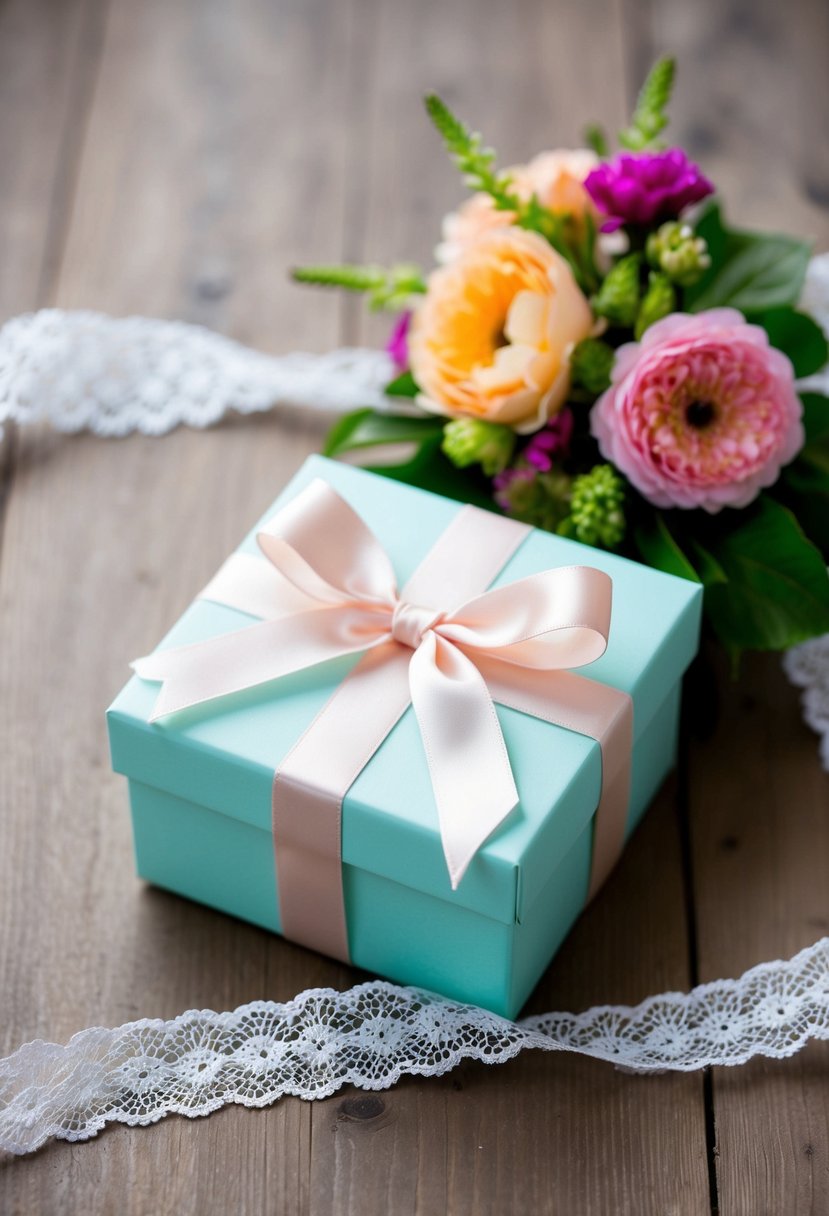 A delicate lace ribbon is elegantly tied around a pastel gift box, adorned with fresh flowers and a satin bow