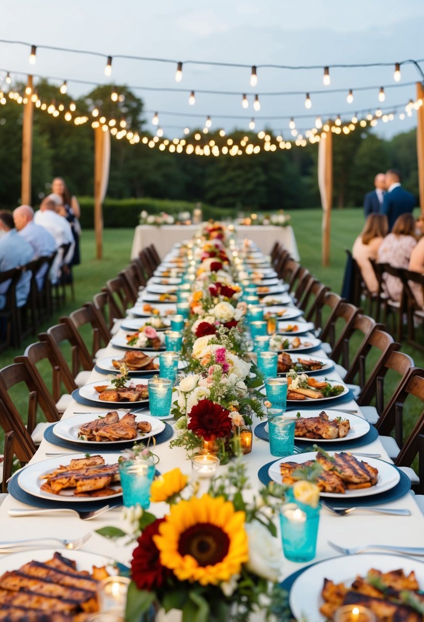 A festive outdoor wedding rehearsal dinner with a long table filled with grilled BBQ dishes, string lights, and floral centerpieces