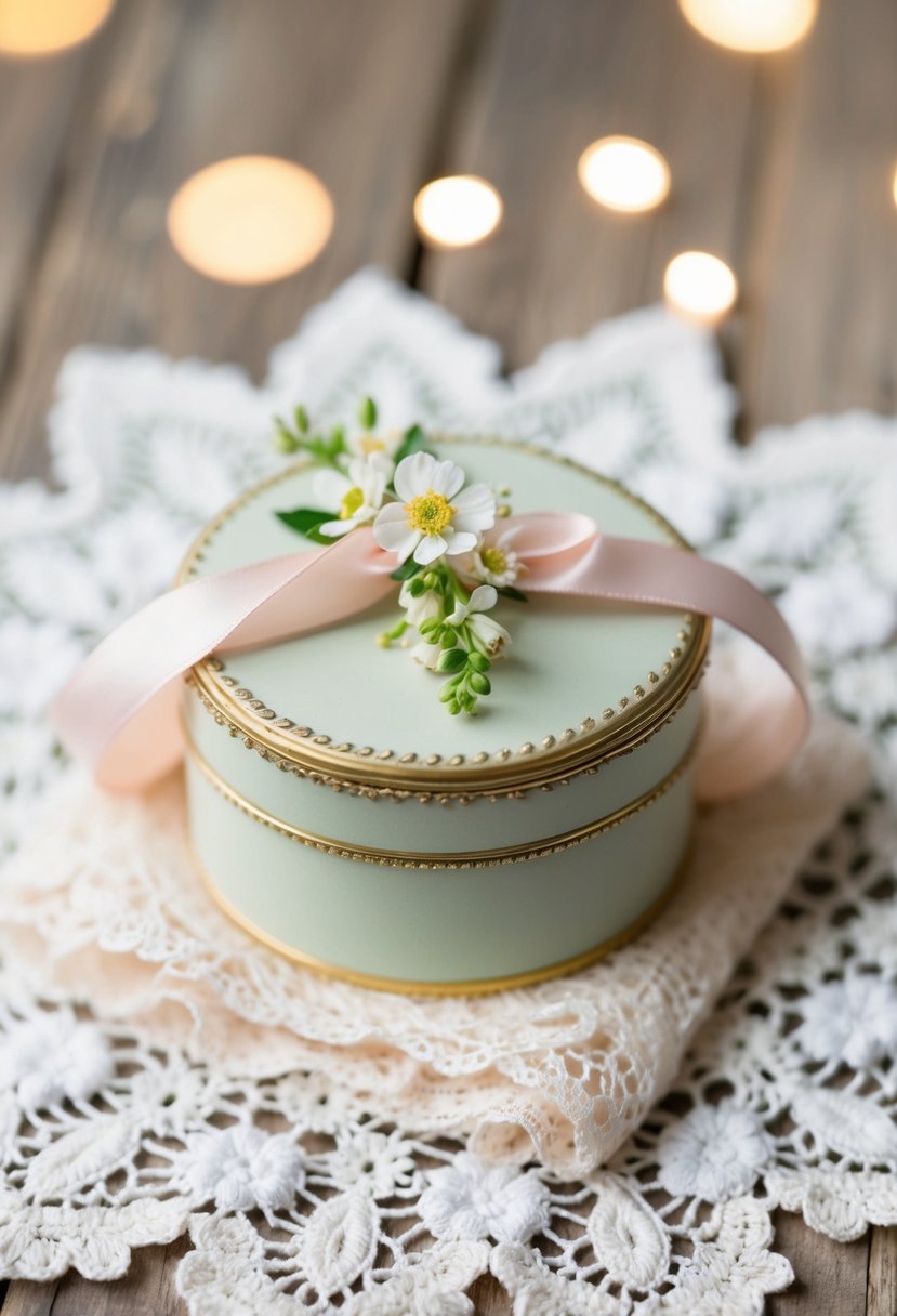 A dainty, vintage-inspired trinket box sits atop a bed of delicate lace, adorned with a pastel ribbon and a sprig of fresh flowers