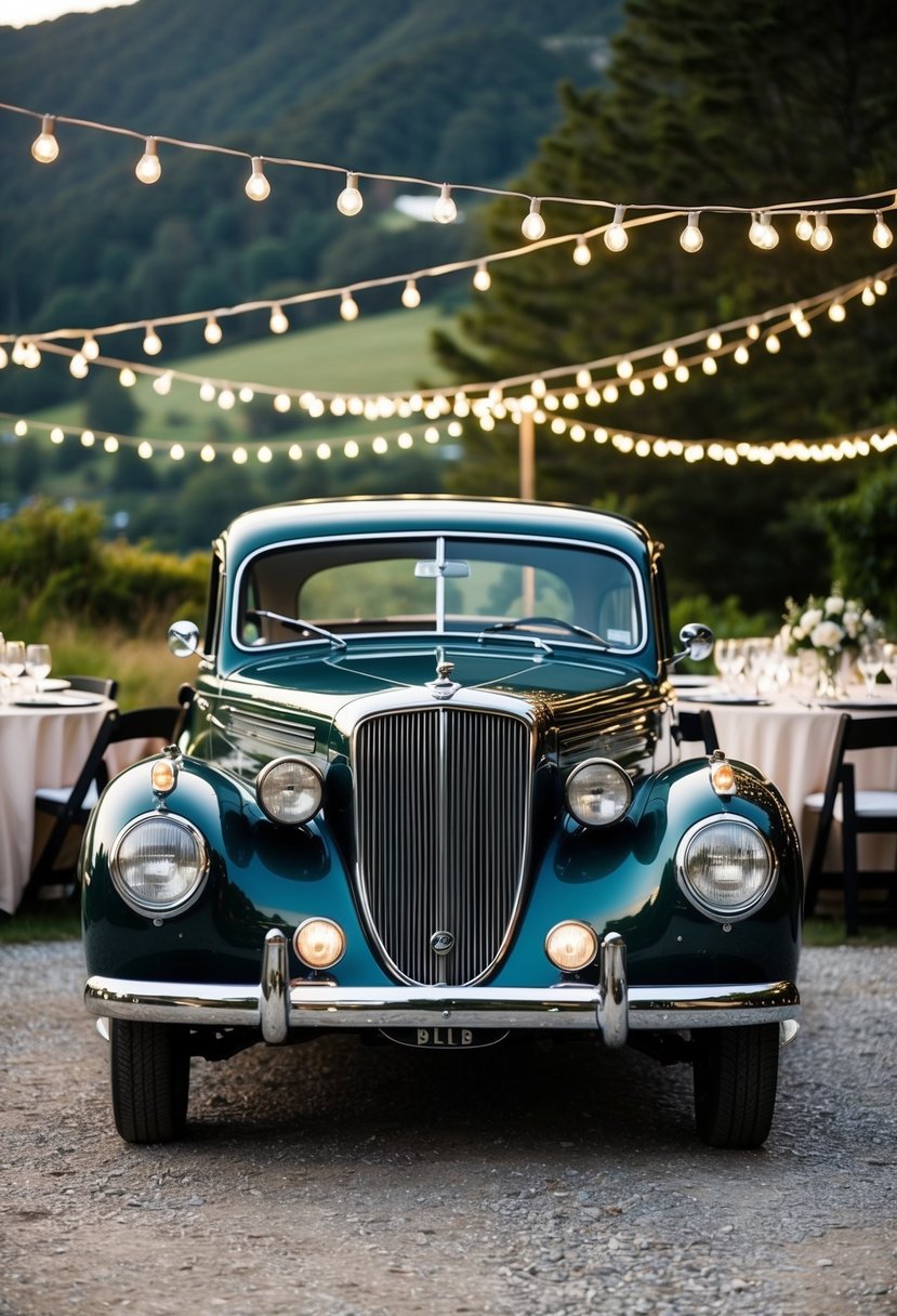 A vintage car parked in a scenic spot, surrounded by fairy lights and tables set for a wedding rehearsal dinner