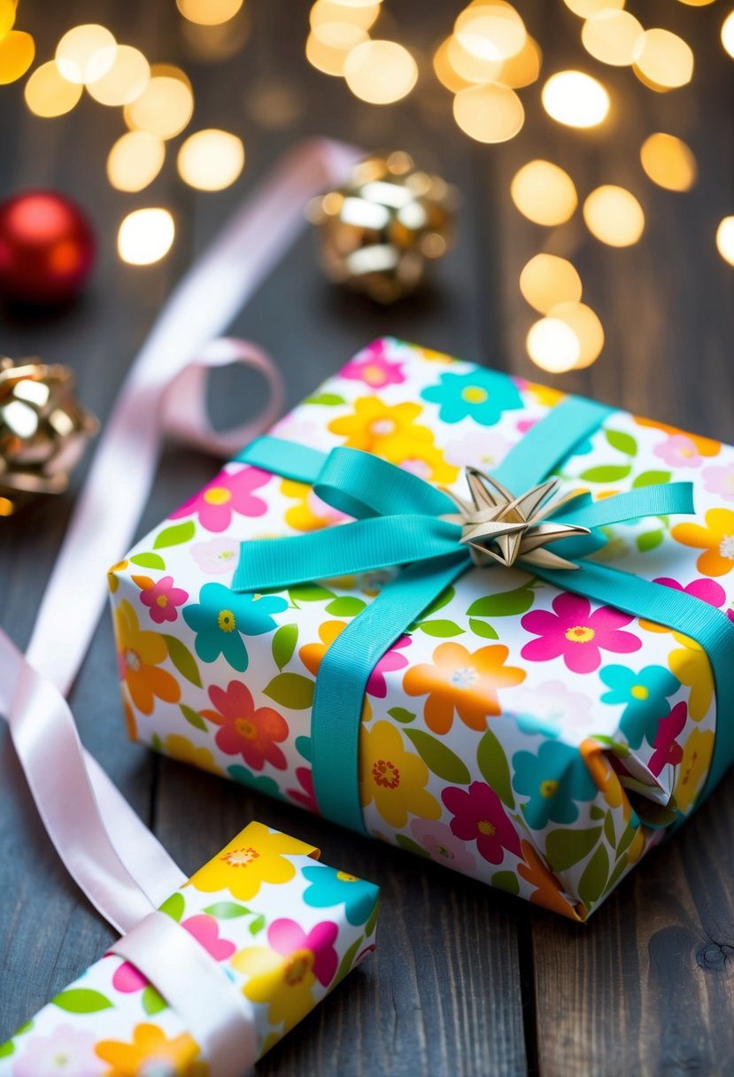 A gift wrapped in colorful floral print paper with a coordinating ribbon and a delicate bow