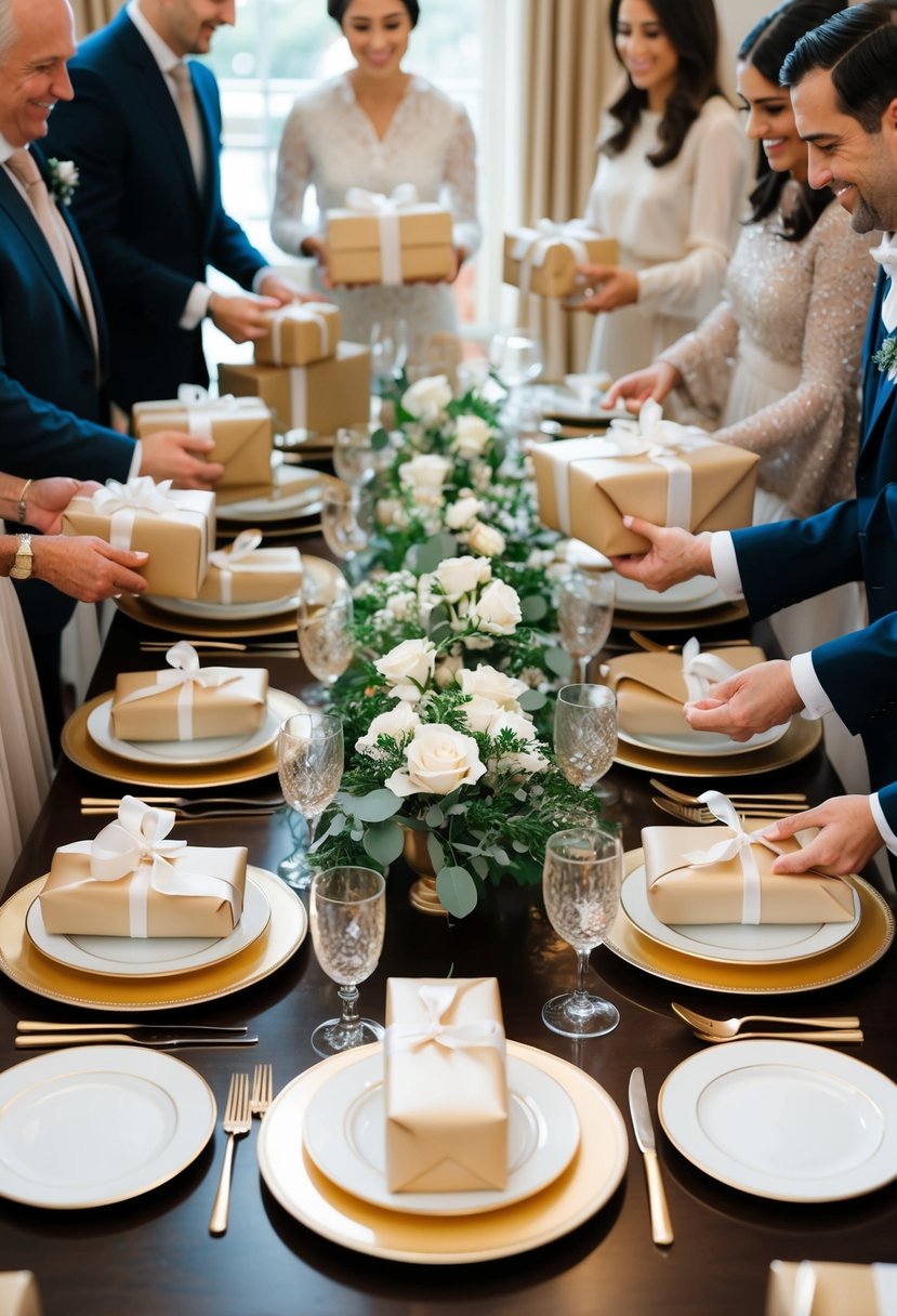 A table adorned with elegant place settings, surrounded by guests exchanging beautifully wrapped gifts