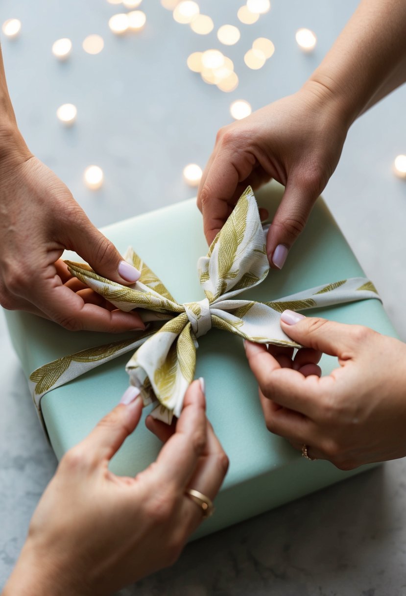 A pair of hands skillfully folds and ties fabric scraps into a stylish bow, adorning a beautifully wrapped wedding shower gift