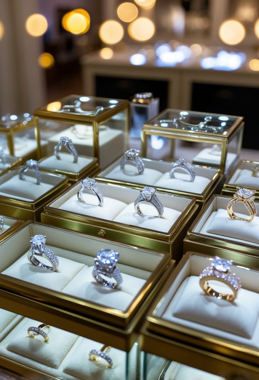 A jewelry store with various display cases showcasing sparkling wedding rings in different styles and metals. Bright lighting highlights the intricate details of each ring