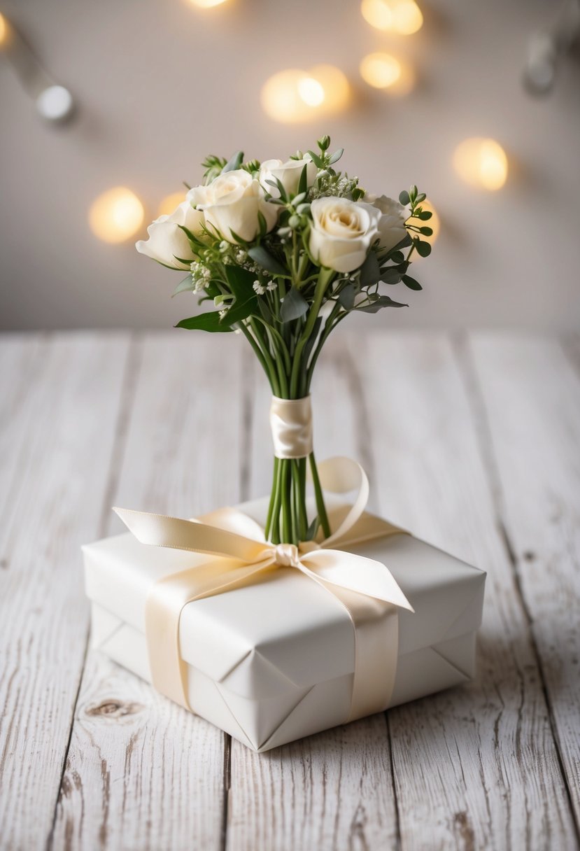 A small, elegant bouquet of flowers tied with a satin ribbon adorns a beautifully wrapped wedding shower gift