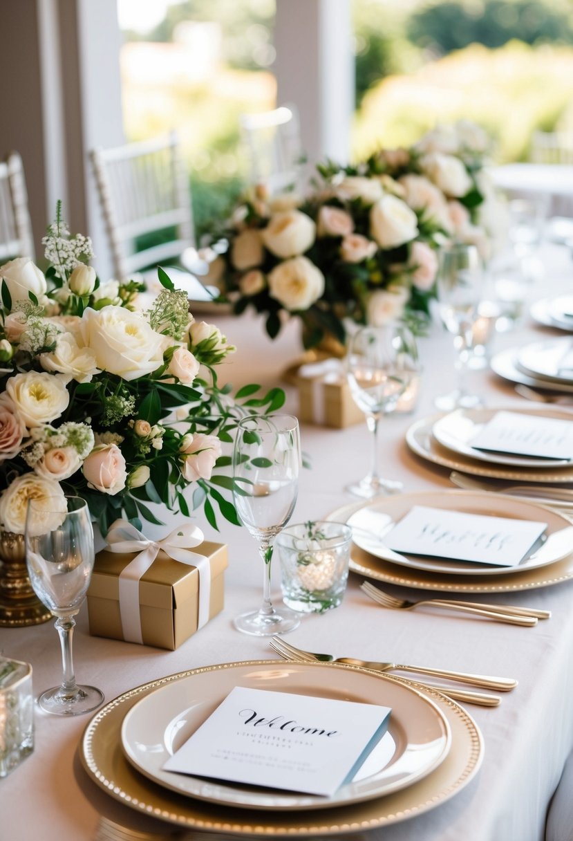 A beautifully set table with elegant place settings, floral centerpieces, and welcome box gifts for a wedding rehearsal dinner