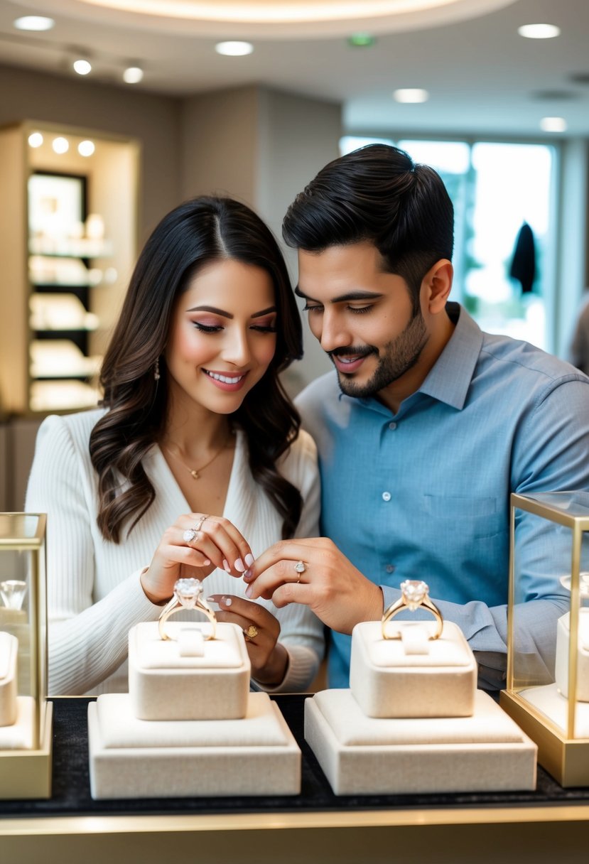 A couple examines sparkling engagement rings in a jewelry store, surrounded by elegant display cases and soft lighting