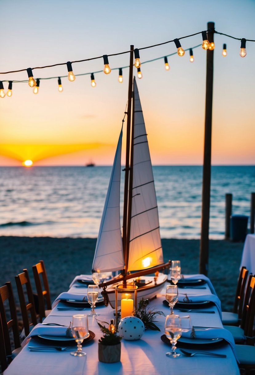 A seaside sunset dinner with a sailboat centerpiece, nautical decor, and twinkling string lights