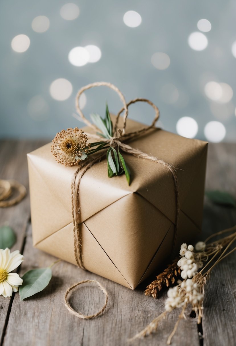 A beautifully wrapped wedding shower gift using eco-friendly wrapping paper, adorned with natural elements like twine and dried flowers