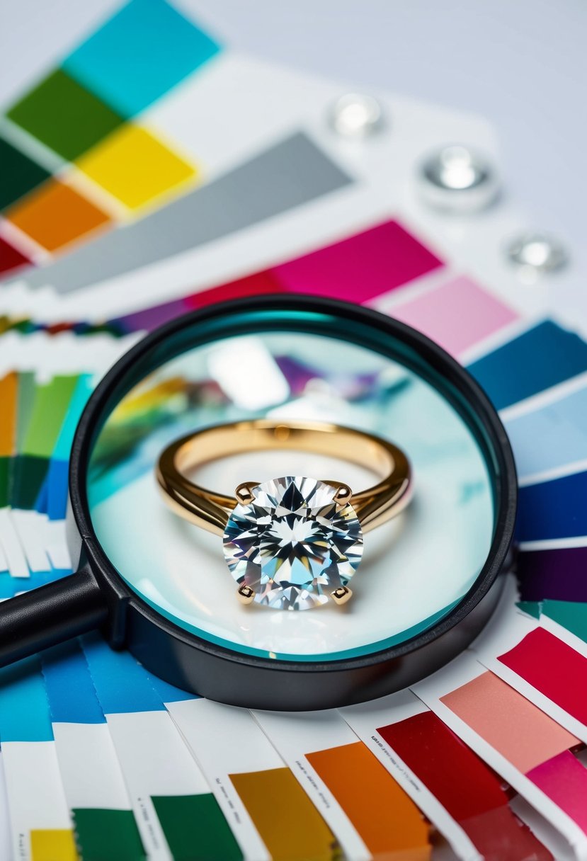 A sparkling diamond ring surrounded by color swatches and magnifying glass