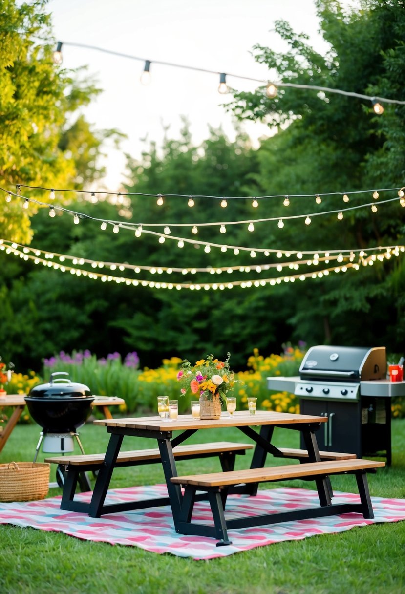 A festive outdoor BBQ bash with string lights, picnic tables, and a grill surrounded by lush greenery and colorful flowers