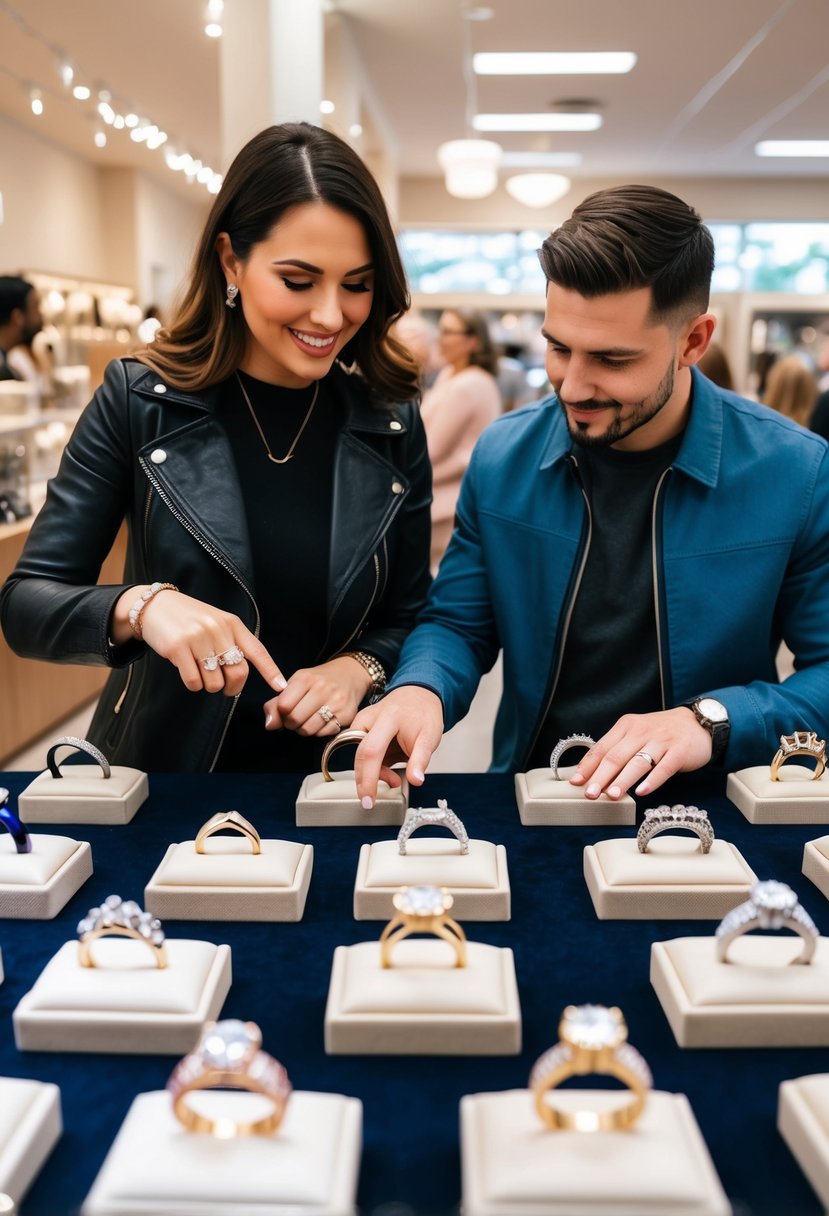 A couple browsing through a variety of wedding ring styles at a jewelry store, pointing out different designs to each other