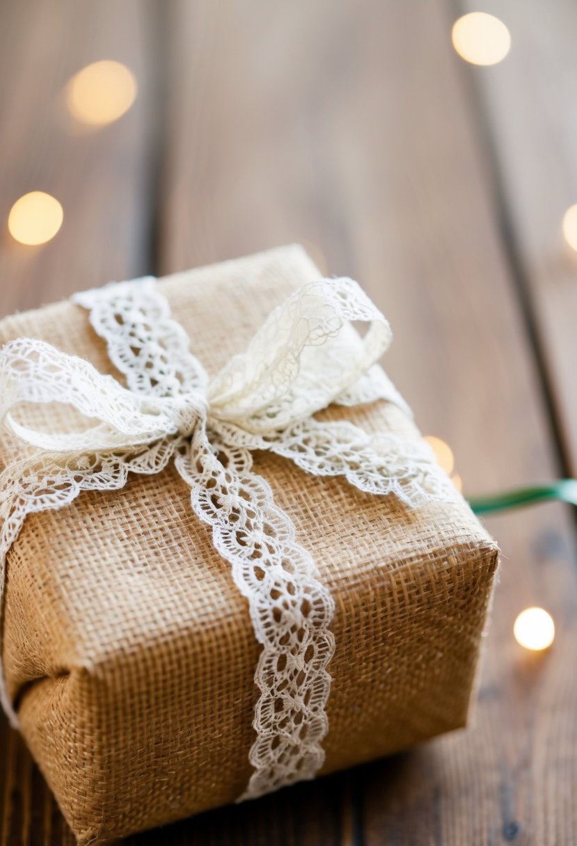 A gift wrapped in burlap with a delicate lace ribbon tied in a bow