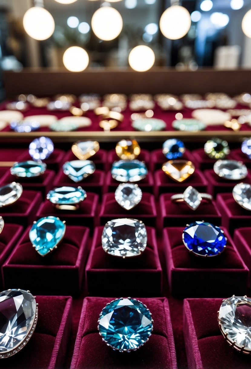 A display of various stone shapes in a jewelry store, arranged on velvet cushions under bright lights