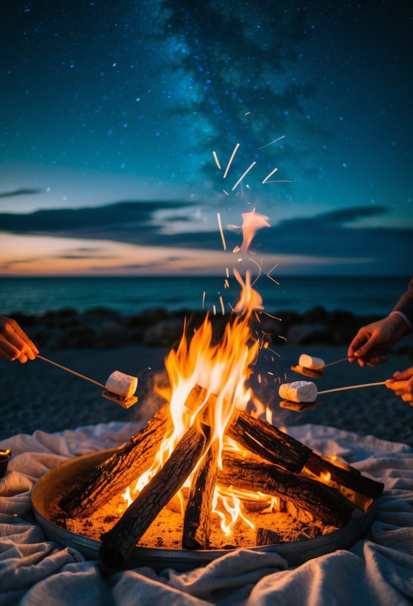 A seaside bonfire crackles as s'mores are roasted under the starry sky, creating a warm and cozy atmosphere for a wedding rehearsal dinner